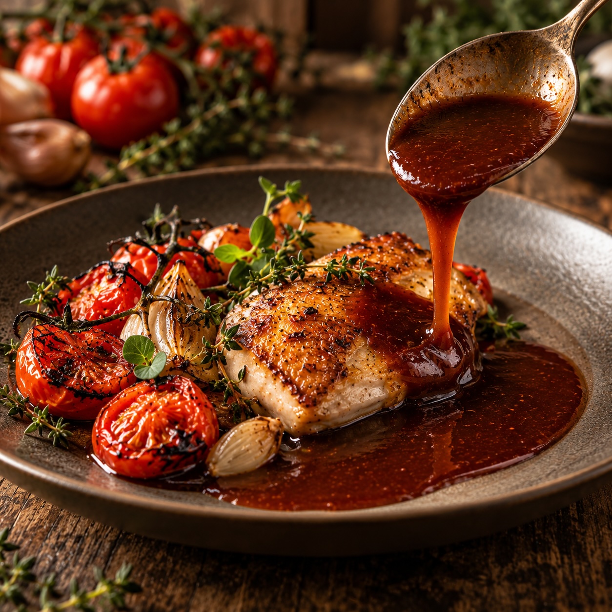 Gebratenes Geflügel mit dunkler Tomaten-Jus und gerösteten Tomaten